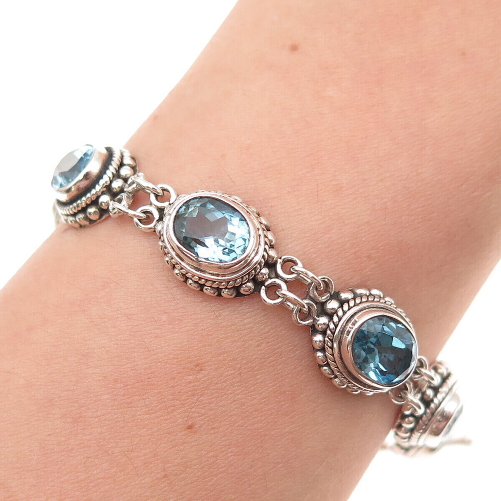 Suarti Bali 925 Sterling Silver Vintage Real Blue Topaz Beaded Bracelet 6.5"